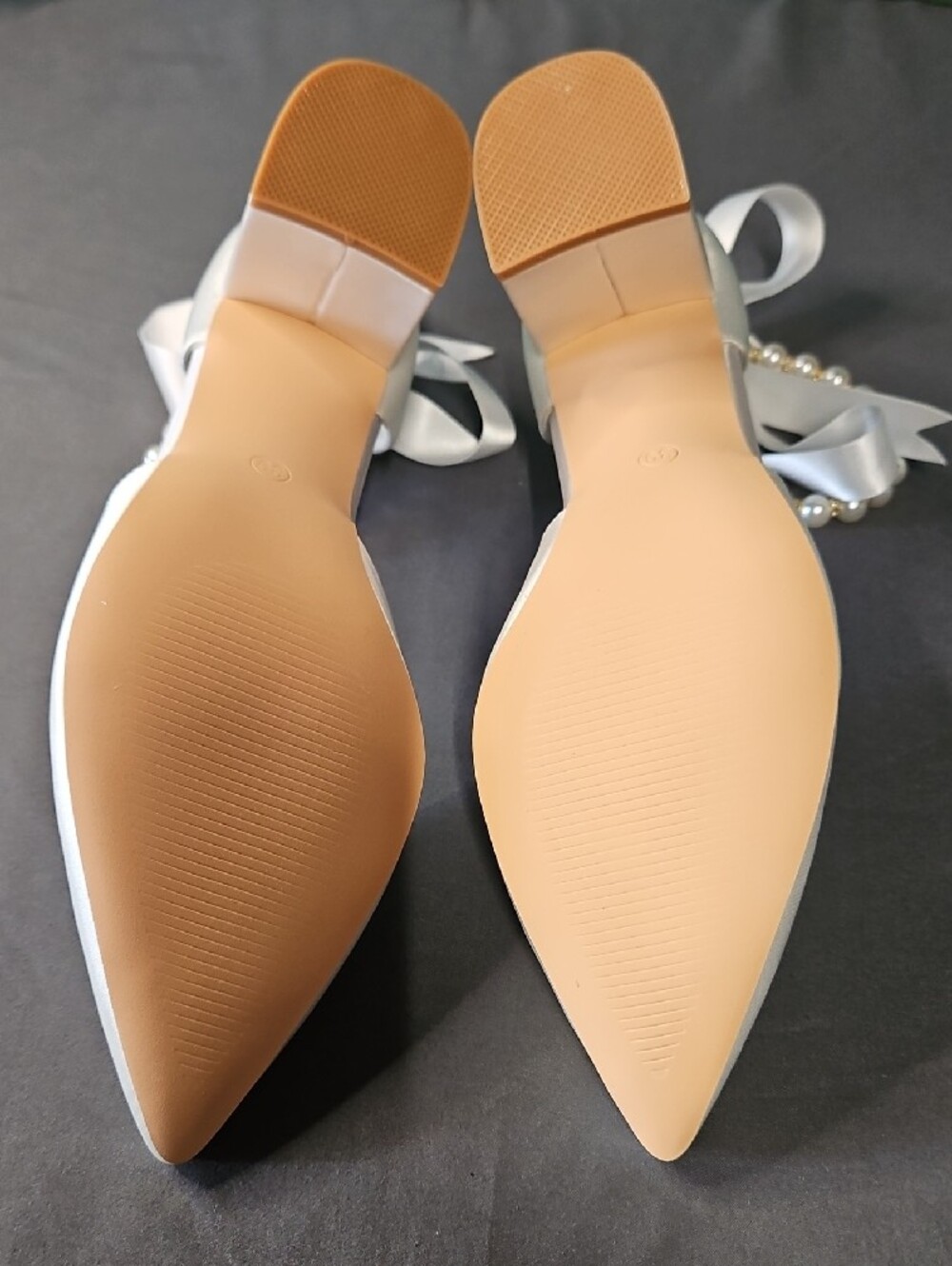 Unbranded White Elegant Pearl-Embellished Satin Heels with Ankle Ribbon - Picture 4 of 4
